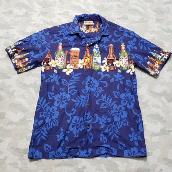 Other - Winnie Fashion Shirt Mens Medium Blue Short Sleeve Button-Up Hawaiian Beer